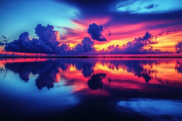 Obraz premium Vibrant sunset reflected in calm water, colorful cloudscape.