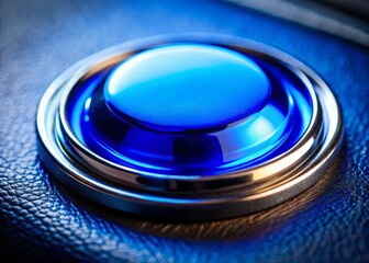 Blue Shiny Button Action Shot: Close-up Photography, Glowing, Reflective, Click, Press, Interface, Digital, Technology, Sci-Fi, Futuristic, Metallic, Chrome, Jewel, Gem,  High Resolution