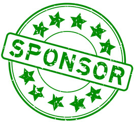 Grunge green sponsor word with star icon round rubber seal stamp on white background