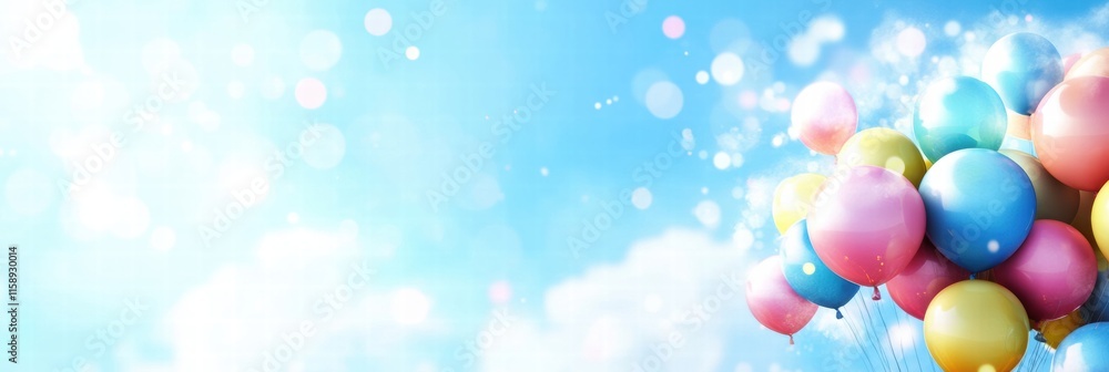 Fototapete colorful balloons soar high in a bright blue sky on a sunny day with fluffy clouds adding texture to