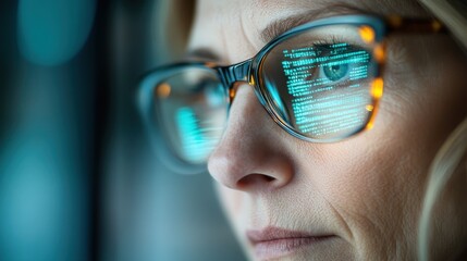Closeup of a woman wearing glasses, where the lenses reflect digital code, suggesting a focus on technology and modern information processing.