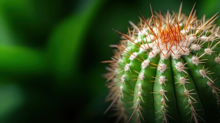 This intricate close-up image captures a round cactus with sharp orange spines and a vibrant green background, emphasizing the resilience of nature's unique forms.