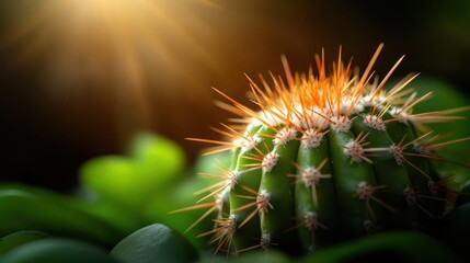 A detailed close-up of a green cactus showcasing its vibrant orange spines, surrounded by soft-focus greenery and warmly lit by natural light in a serene setting.