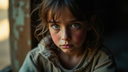 Fototapeta premium A young girl with rosy cheeks stares intently into the camera. Her brown hair frames her face, and she wears a simple beige hoodie. The mood is somber yet captivating.