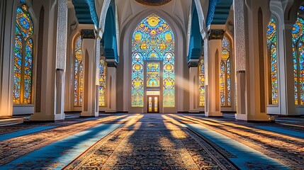 Obraz premium An ornate mosque interior with tall arched windows, intricate geometric patterns on the walls and floor, and soft golden sunlight streaming through the glass, 