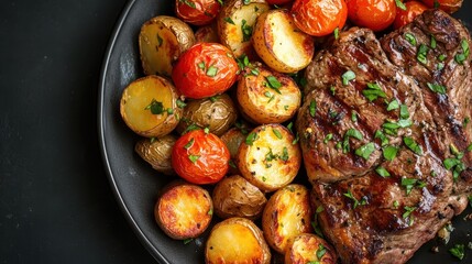 A flavorful steak cooked to perfection, complemented by roasted potatoes and cherry tomatoes, all garnished with fresh herbs for a delightful dish.