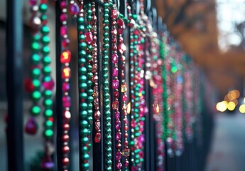Naklejka premium Colorful Beads Hanging on a Black Fence, Creating a Vibrant and Festive Atmosphere During the Holiday Season with Blurred Background Lights