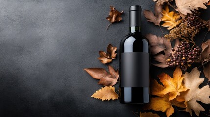 This wine bottle is creatively styled against a backdrop of autumn leaves, showcasing a blend of natural elegance and sophisticated presentation.