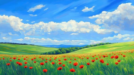 Vibrant Summer Landscape with Poppies and Blue Sky