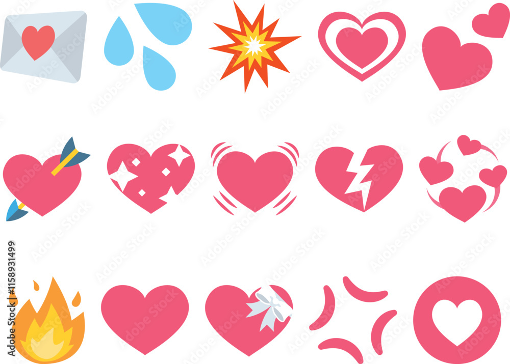 Poster a row of heart emojis with different expressions. some are happy, some are sad, and some are angry