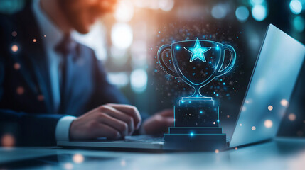 Employee of the month, rewarding personnel who reach sales targets, Achieving company goals, Star employee, Businessman using laptop with virtual trophy