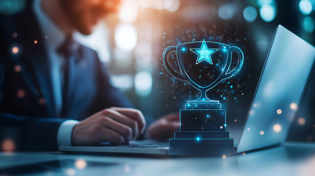 Employee of the month, rewarding personnel who reach sales targets, Achieving company goals, Star employee, Businessman using laptop with virtual trophy