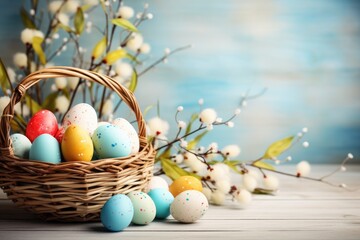 Decorative basket with painted Easter eggs and willow branches on a wooden background