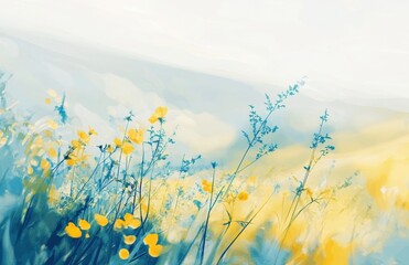 A Dreamy Landscape of Wildflowers Under a Soft Sky with Delicate Hues of Yellow and Blue, Capturing the Essence of Nature's Serenity and Vibrant Beauty