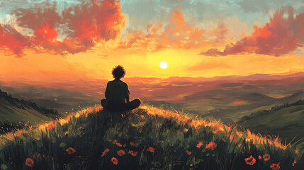 An individual sits atop a grassy rise, gazing into the sunset, lost in reflective solitude.