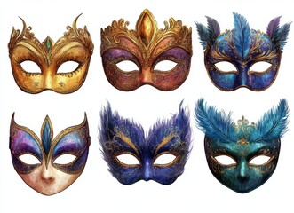 A Vibrant Collection of Decorative Masks Featuring Intricate Designs, Colorful Accents, and Elegant Feathers Ideal for Festive Events and Carnival Themes