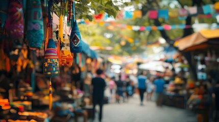 A vibrant market scene with colorful decorations, showcasing various stalls and bustling shoppers amidst a lively atmosphere.