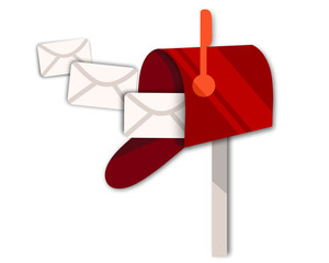 Red mailbox icon with flying envelopes letters inside. Mailbox vector illustration. Opened mailbox with envelopes inside. Elements for business, office, and comunication. Envelope with letter. 