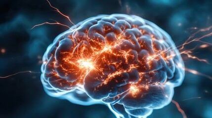 A visually captivating image of a brain with electric sparks and glowing neural paths, symbolizing thought, innovation, and consciousness in a digital style theme.