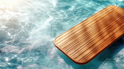 A wooden diving board is positioned over a vibrant blue pool with sparkling water, evoking summer fun and the excitement of splashing into refreshing waters.
