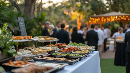 A beautifully arranged outdoor buffet featuring a variety of dishes, set against a vibrant garden backdrop with guests mingling in the background.