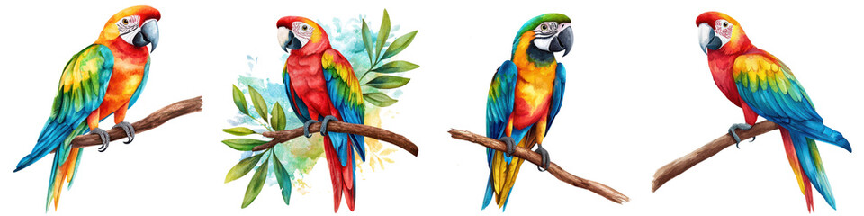 Colorful and vibrant tropical parrots including scarlet macaws perching on tree branches in a lush green foliage setting  The parrots showcase their stunning plumage of vivid red blue yellow