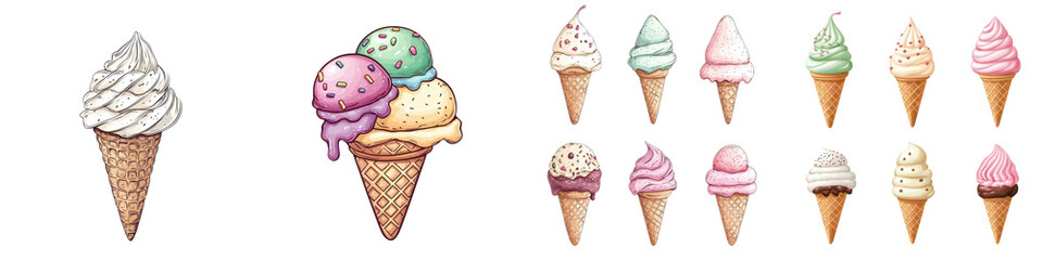 Delightful assortment of colorful mouthwatering ice cream cones and sundaes in various flavors such as vanilla chocolate strawberry and mint topped with whipped cream sprinkles and cherries  A sweet