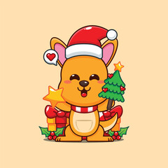 Cute kangaroo holding star and christmas tree cartoon vector illustration.