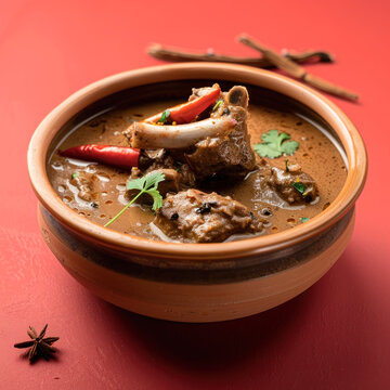 goat bone gravy in a bowl. Side view of bowl kept on table with spices.