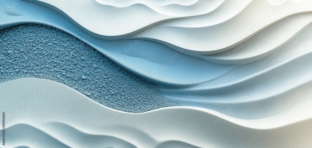 Poster abstract textured background of white and blue waves with fine particles creating an elegant and cal