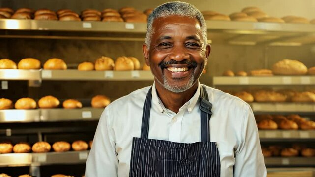 A smiling African American owner of a small bakery stands in front of the camera and smiling. The bakery owner stands proudly, showcasing his sweet creations with joy.