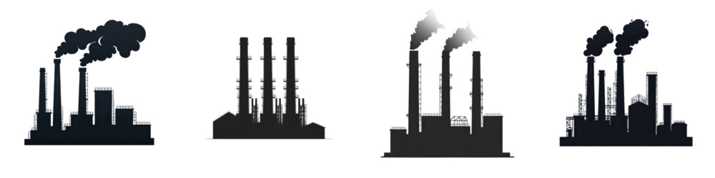 Industrial factory with multiple smokestacks emitting dark thick smoke and pollution into the cloudy atmosphere representing environmental issues and climate change concerns