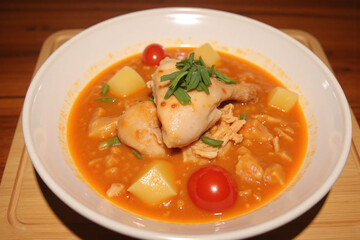 Bowl of stew with chicken and green onions
