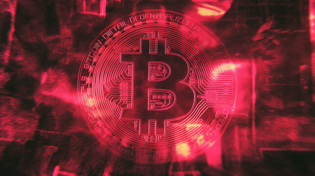 Glowing Red Bitcoin Symbol with Futuristic Digital Design Background