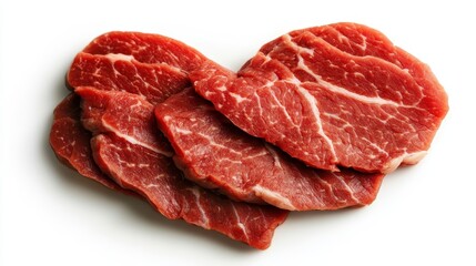 Raw steak pieces creatively shaped into a heart against a white backdrop, inviting notions of culinary art, passion, and fresh ingredients in a modern style.