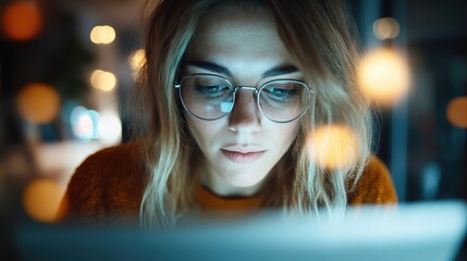Depicting a young woman deeply focused working on a computer, this image highlights concentration and technological adeptness in a softly illuminated environment.