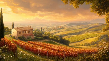 Naklejka premium Tuscan villa nestled in autumnal vineyard, sunlit hills. Ideal for wine, travel, and autumnal themes; evokes serenity and beauty.
