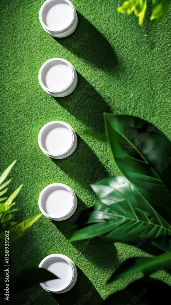 Poster multiple white containers arranged on a green surface with lush foliage surrounding them in daylight