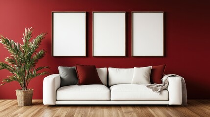 A chic living space showcases a white sofa with red accents against a red wall, blending minimalist art and comfort in a modern sophisticated environment.