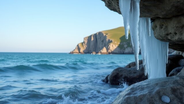 Icicles melting, Coastal cliff with melting icicles on rocks, clear sea, photorealistic.