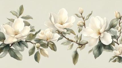 Obraz premium A delicate illustration of white magnolia flowers and leaves on a soft background.