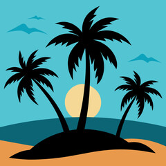 Tropical Beach Scene with Palm Trees in Stunning Sunset Style Vector Background