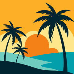 Tropical Beach Scene with Palm Trees in Stunning Sunset Style Vector Background