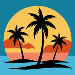 Tropical Beach Scene with Palm Trees in Stunning Sunset Style Vector Background