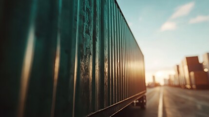 A single shipping container perfectly positioned in an industrial setting, capturing the essence of transportation and commerce against a beautiful sunset backdrop.