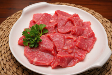 Fototapeta premium Plate of juicy beef strips garnished with parsley on placemat