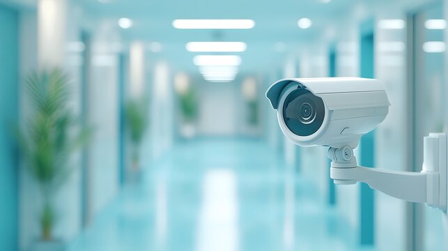 Security camera mounted on a wall in a hospital hallway with a blurry background.
