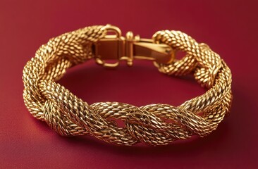 Fototapeta premium A golden woven bracelet with three strands of yellow gold wires interwoven to form an intricate pattern, set against a red background