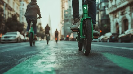 A group of people ride scooters and bikes along a bustling city street, capturing the essence of urban transportation and modern commuting habits.