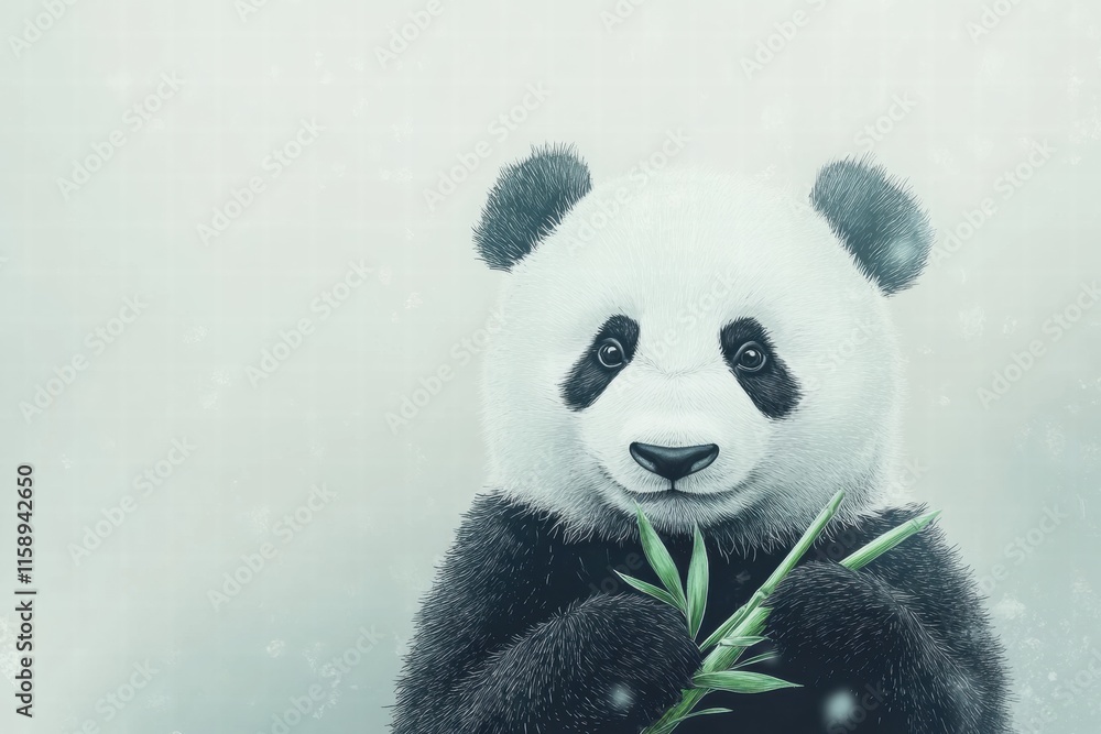 Fototapete Panda happily holding fresh bamboo in a serene, minimalistic setting with ample copy space for text. Generative AI
